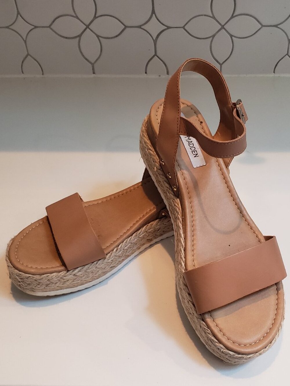 Steve Madden Chiara Tan Leather Platform  Espadrille Wedge  Sandal